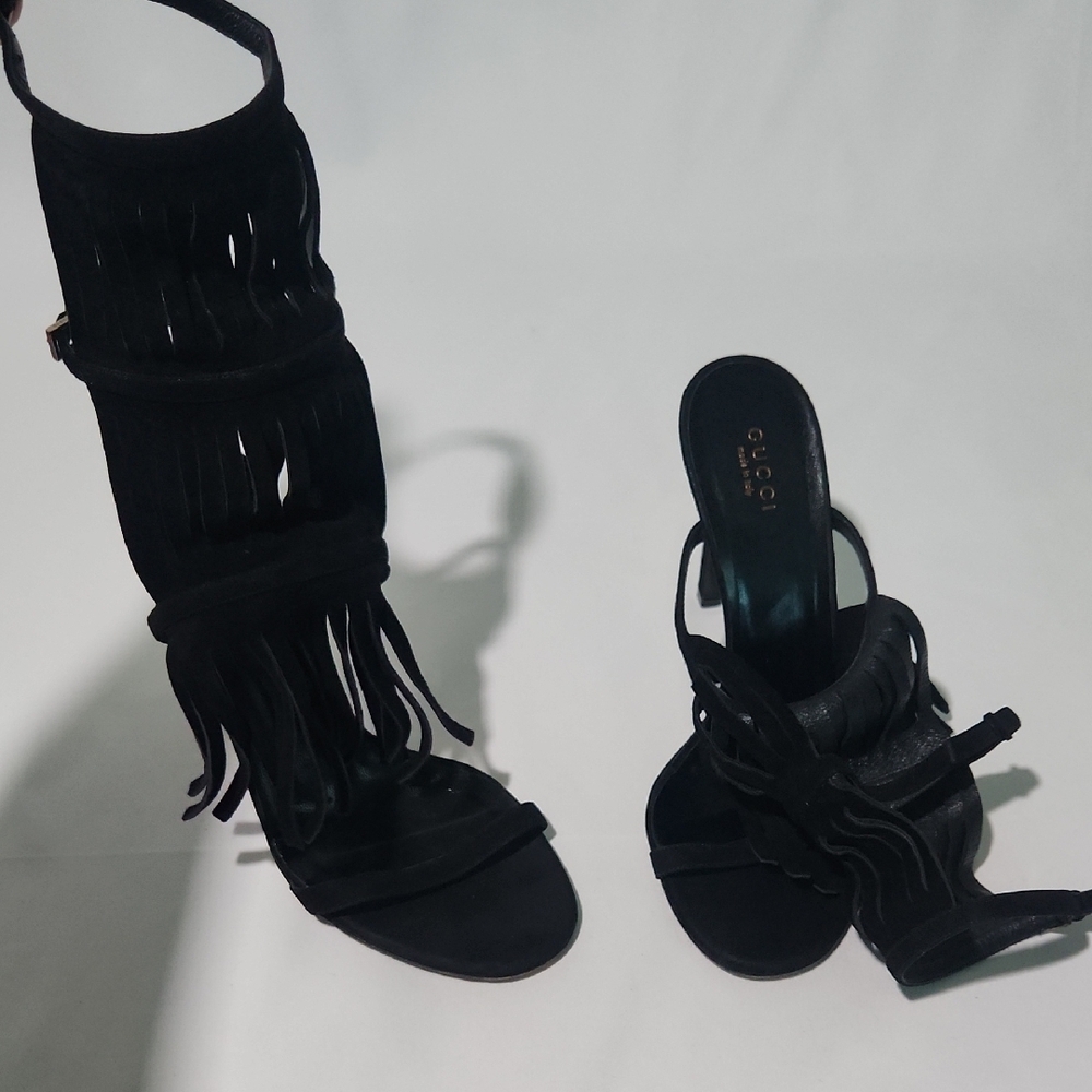 Gucci Black Fringed High-Heel Sandals - Picture 9 of 11